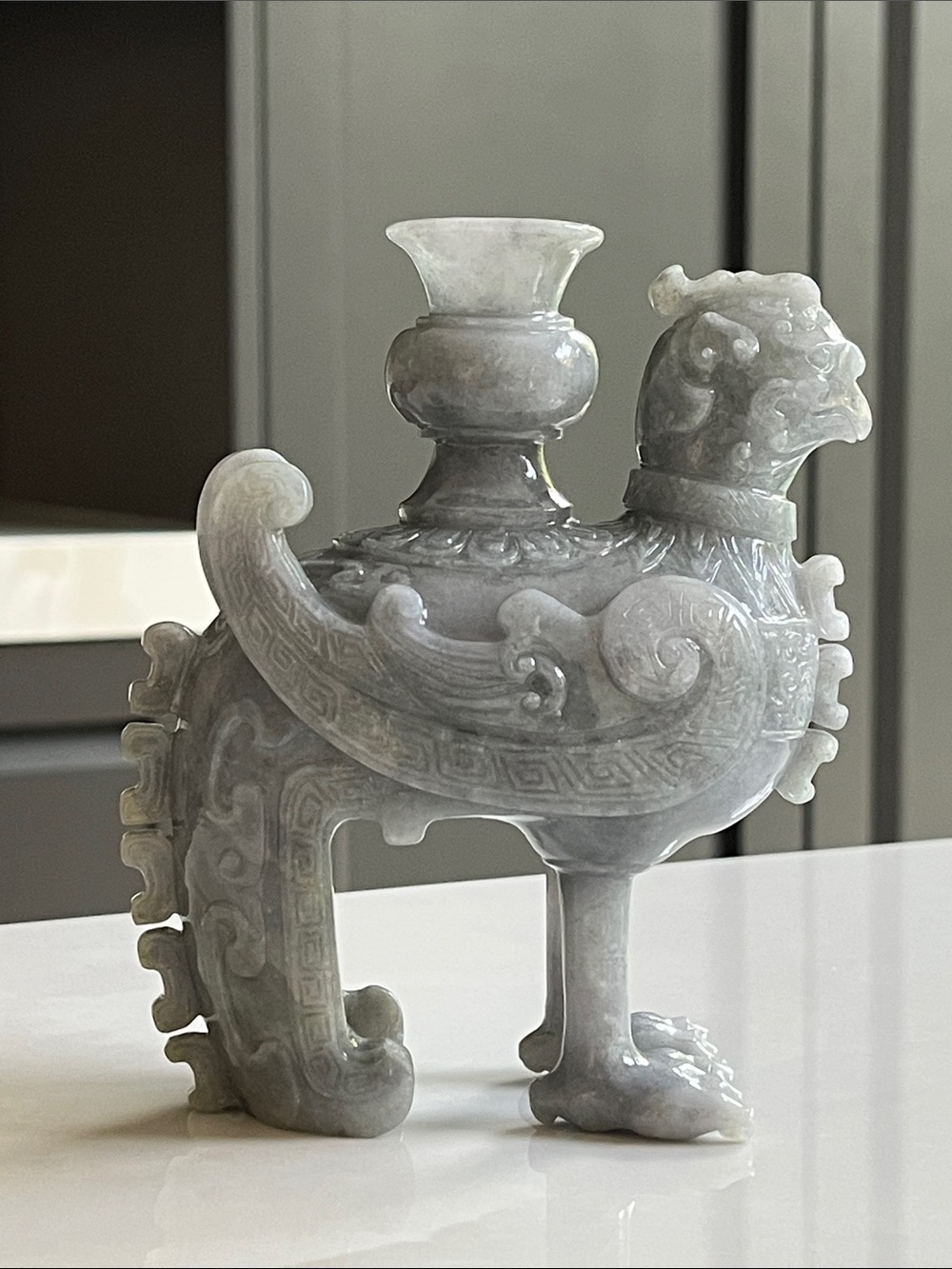 Chinese Carved Lavender Jade Phoenix Vase Sculpture.